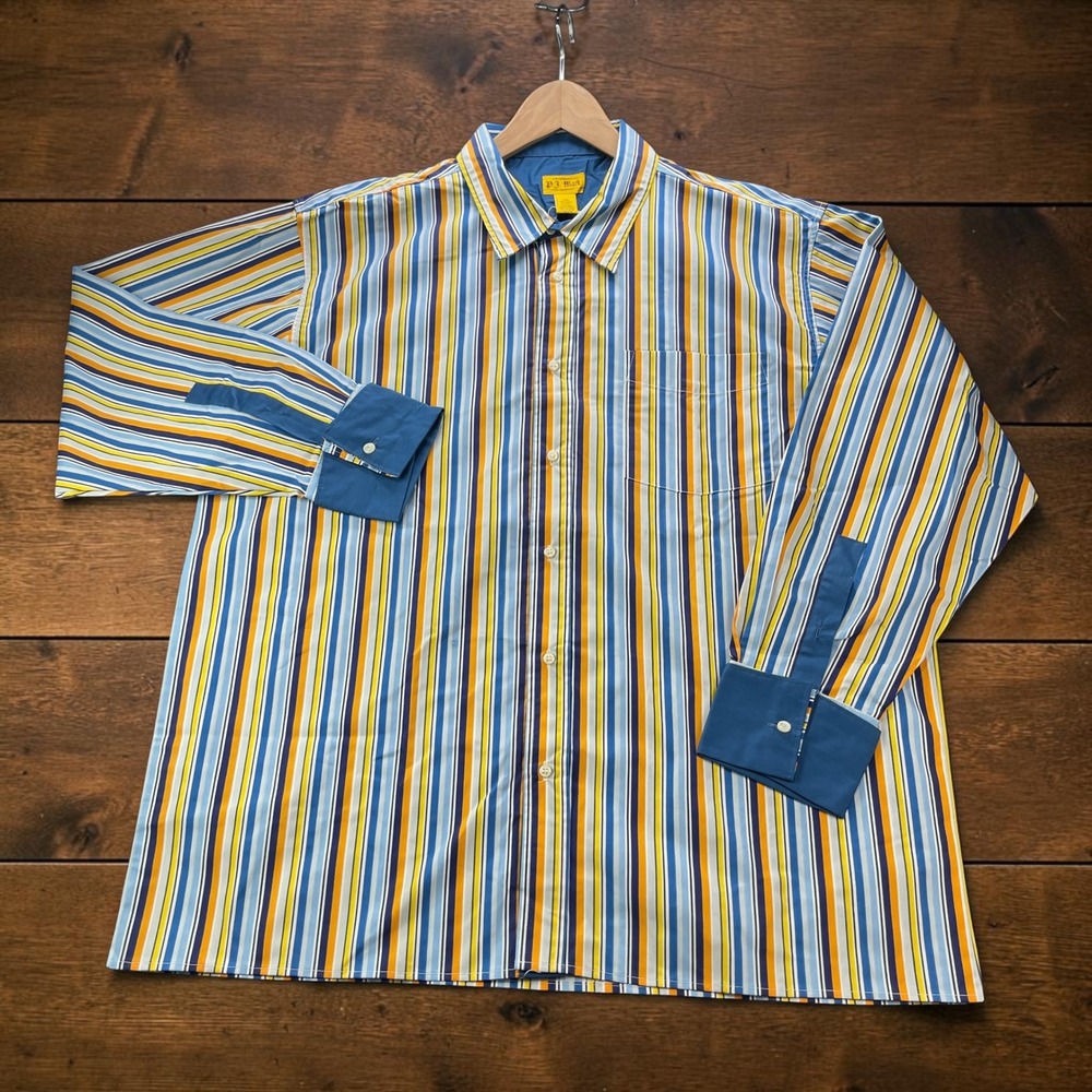 NEW Y2K PJ Mark Men XXL Striped Button Down Shirt Blue Orange Yellow French Cuff